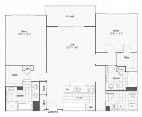 A floor plan of a house with a lounge, bedrooms, a kitchen, and a bathroom.
